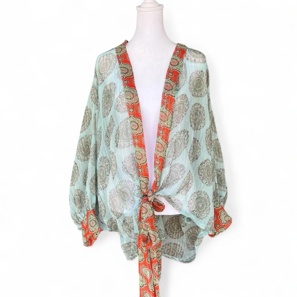NWOT Free People Kantha Shimmer Tie Front Kimono - Picture 4 of 8